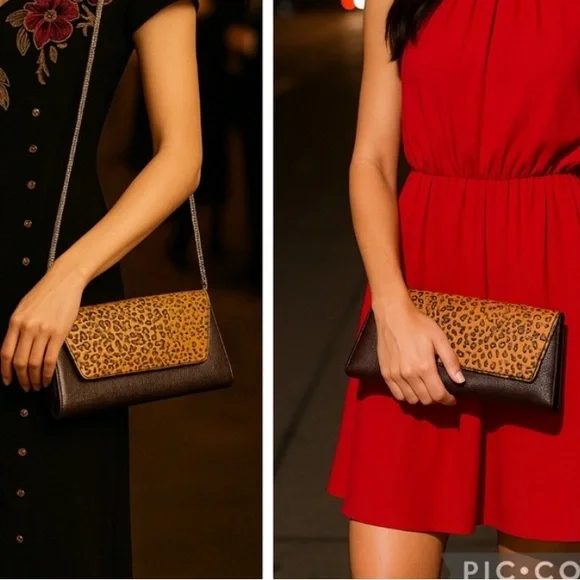 Vintage Valerie Steven’s Brown Leather & Leopard Calfhair Shoulder Clutch Bag - Picture 3 of 15